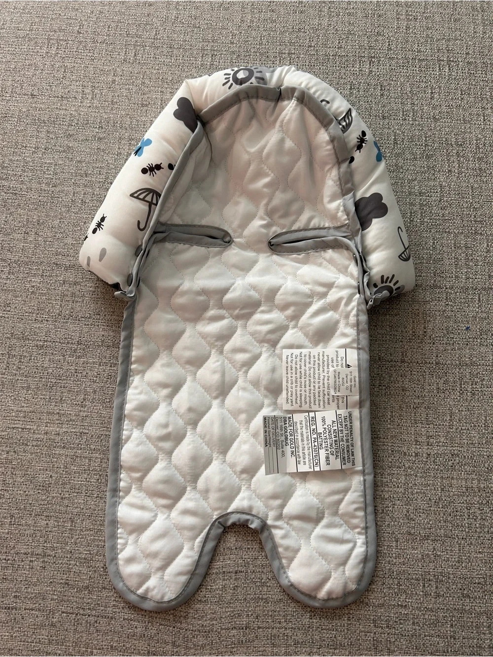 Gold Bug Quilted Hooded Baby One-Piece in Gray and Blue Car Seat/Carrier  Insert